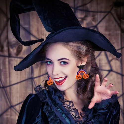 Vista 2 de Aretes de Halloween para mujer, lindos aretes colgantes de calabaza fantasma, con cuentas, espeluznante sombrero de bruja de calavera boo truco RIP