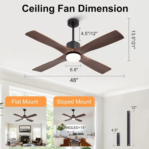Vista 9 de LEDLUX Ventiladores de techo de 48 pulgadas con luces, ventilador de techo moderno con luz, control remoto de 6 velocidades, 4 aspas de madera Negro