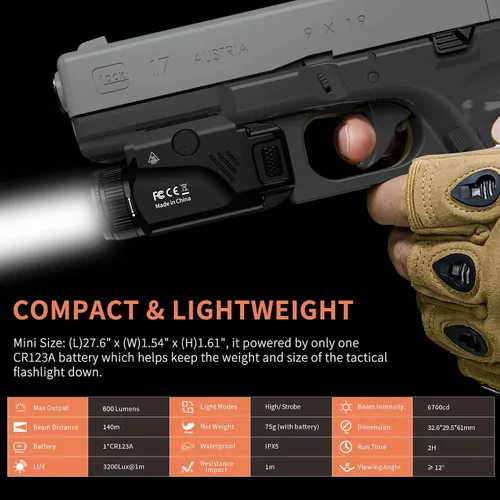 Vista 5 de CRONHAWK Linterna táctica compacta de 600 lúmenes con riel ajustable con estroboscópico para pistolas se adapta a Picatinny MIL-STD-1913