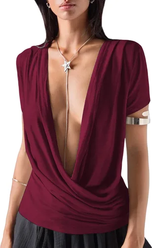 Vista 15 de SOLY HUX Camisetas de manga corta con cuello en V profundo para mujer Gris oscuro
