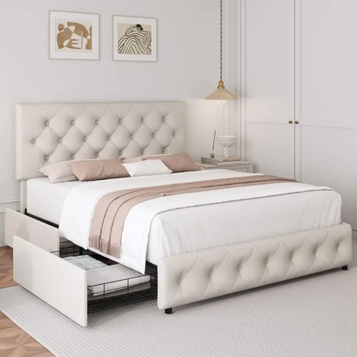 Vista 7 de TTVIEW Base de cama de tamaño matrimonial con 4 cajones de almacenamiento y cabecera ajustable, plataforma tapizada con diseño capitoné, soporte