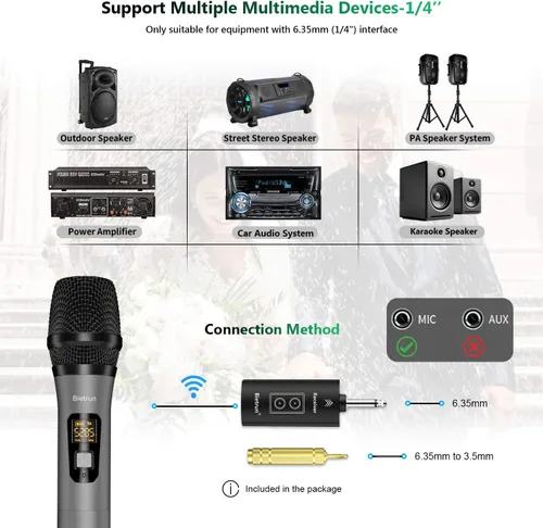 Vista 3 de Micrófono inalámbrico con Bluetooth, sistema de micrófono de metal dinámico de mano dual UHF profesional con receptor recargable, rango de 160 pies