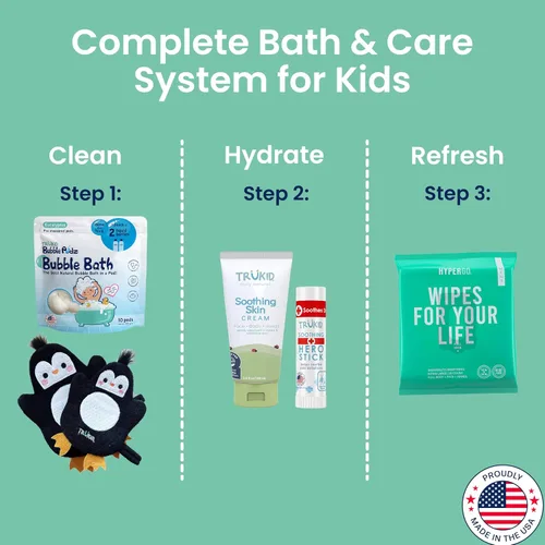 Vista 2 de TruKid Bath Baby Essentials, juego de cuidado de la piel para niños, eucalipto de baño de burbujas para niños, bálsamo Hero Stick, loción calmante
