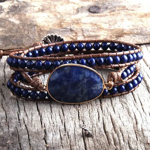 Vista 3 de Pulseras hechas a mano para mujer, con 3 hebras de piedras naturales y cuentas (Color marrón)