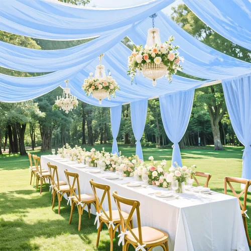 Vista 9 de Cortinas de techo blancas para fiestas, tela drapeada, 5 x 20 pies, 2 paneles de cortinas de boda para techo, cortinas de techo de gasa, cortinas