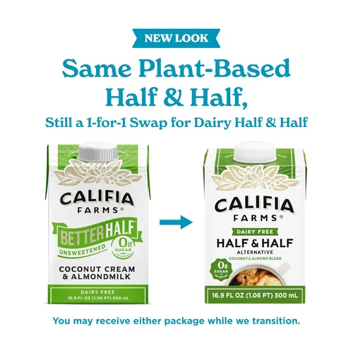 Vista 3 de Califia Farms - Better Half Sin Endulzar, Sustituto de Mitad y Mitad, 16.9 oz (Paquete de 6), Leche de Almendra, Crema de Coco, Crema para Café