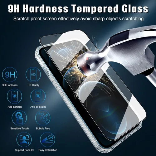 Vista 3 de Funda transparente 5 en 1 para iPhone 12, con 2 protectores de pantalla de vidrio templado HD de dureza 9H + 2 protectores de lente de cámara, funda