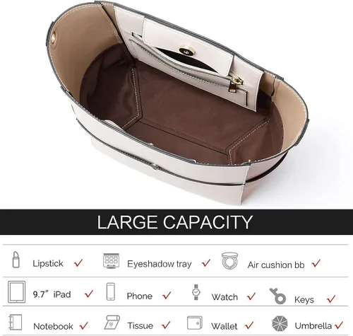 Vista 6 de BROMEN Bolso de mano de cuero para mujer, color blanco con marrón y gris