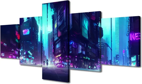 Vista 270 de Cuadros de 5 paneles de Cyberpunk City, arte de pared, representación de vallas publicitarias, edificios modernos en la capital con obras de arte
