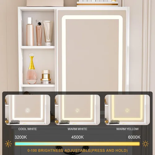Vista 3 de Juego de Tocador Pequeño con Espejo Iluminado y Taburete, Juego de Mesa de Maquillaje Compacta con Luz - 3 Modelos de Colores, Mesa de Maquillaje
