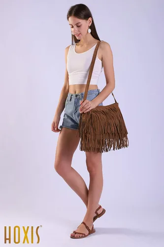 Vista 3 de HOXIS Bolso bandolera de cuero sintético con borla para mujer, Gris