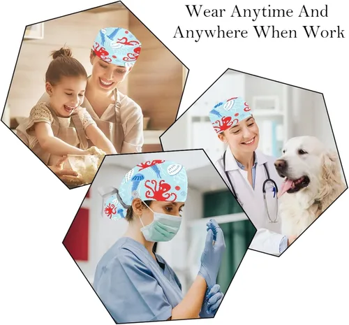 Vista 6 de Paquete de 2 gorras de trabajo con botones, banda para el sudor, gorras quirúrgicas ajustables para mujeres y hombres, pulpo de ballena oceánica