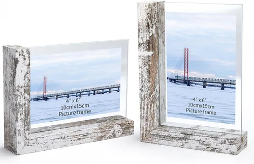 Vista 13 de Lavezee Paquete de 2 marcos de fotos de 4 x 6 pulgadas, hechos de base de madera negra en forma de L con vidrio, imágenes de fotos de doble cara