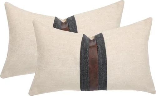 Vista 15 de Juego de 2 fundas de almohadas decorativas de cuero, decoración de exteriores, lino con parches, almohadas de cuero sintético marrón, funda