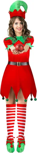 Vista 5 de Girls Women Christmas Elf Costume Set Santa's Helper Costume Xmas Festive Outfit with Elf Hat Shoes Belt Striped Stockings