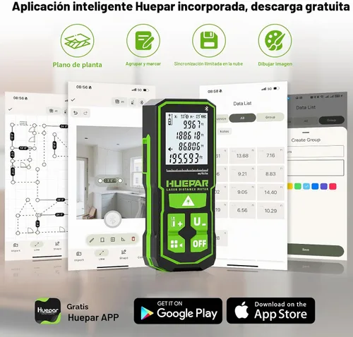 Vista 2 de Huepar - Herramienta de medición láser Bluetooth de 200 pies S60-BT, control de aplicación, medidor de distancia láser USB-C recargable, ± 1/16