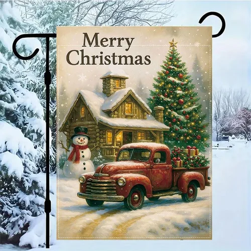 Vista 10 de Bandera de jardín de Navidad ActFirst de 12 x 18 pulgadas, bandera de muñeco de nieve de familia de Navidad Feliz con árbol, pequeña decoración
