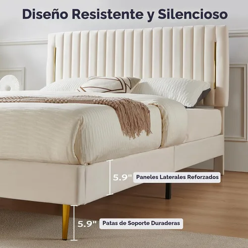 Vista 5 de Furnify Armazón de Cama de Plataforma Twin, Armazón de Cama Tapizado en Terciopelo con Cabecera Ajustable de Canal Vertical, Ribete de Enchapado