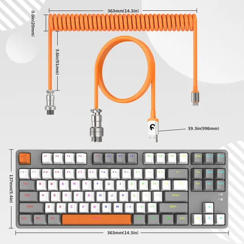 Vista 9 de A.JAZZ AK873 Teclado mecánico TKL con cable de 87 teclas para juegos con retroiluminación arco iris, interruptor azul táctil táctil NKRO, cable