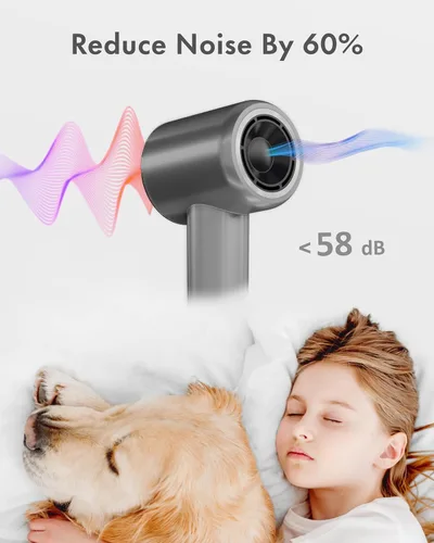 Vista 7 de Rudd Secador de pelo con difusor, secador de pelo de alta velocidad con pantalla, gris 160000 RPM Brushless Motor for Fast Drying, 500 Million