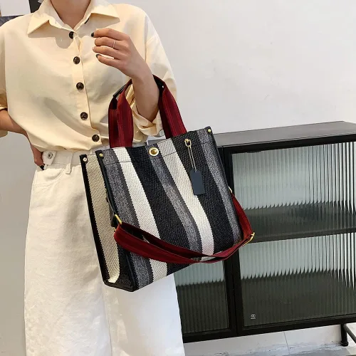 Vista 2 de Bolso de lona para mujer, bolso cruzado estilo hobo, bolso casual de lona, bolso de hombro con asa superior, color a rayas