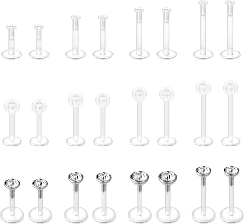 Vista 6 de JFORYOU 16G 24Pcs Anillos de labio transparentes Medusa Piercing Studs Joyería Plana de plástico con respaldo Anillos de labio retenedor de ajuste