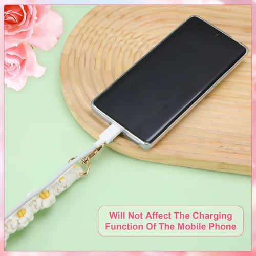 Vista 4 de Jspupifip 2 piezas de correa de muñeca para teléfono estilo macramé boho, linda cuerda para teléfono celular con pestaña de anclaje, pulsera