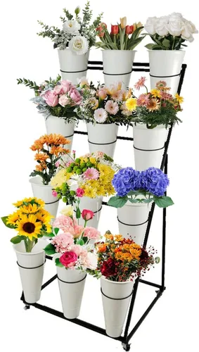 Vista 8 de Soporte de exhibición de flores, soporte de metal para plantas con cubos, estante de carrito de plantas móviles de alta resistencia, para patio