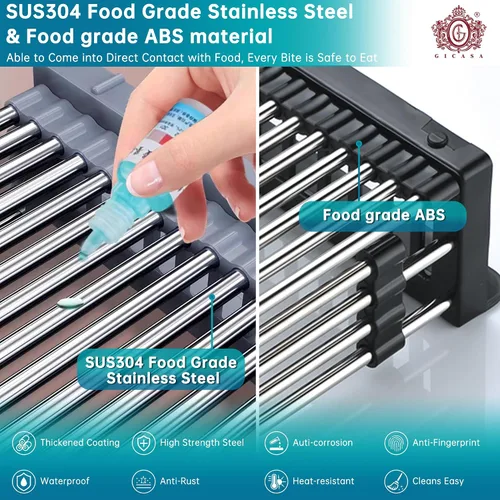 Vista 8 de Escurridor de platos para fregadero, escurridor de acero inoxidable para fregaderos de 12.5 a 20.5 pulgadas, organizador de encimera de cocina