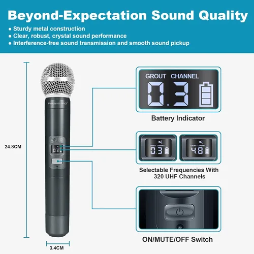 Vista 5 de Phenyx Pro Paquete de sistema de micrófono de mano inalámbrico UHF de 8 canales PTU-6000 con el estuche de transporte personalizable de tamaño extra