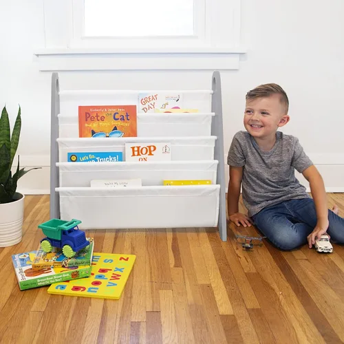 Vista 7 de Wildkin Estantería para niños, almacenamiento moderno de madera con 4 estantes y asas de tela, organizador para el hogar o el aula, gris y blanco