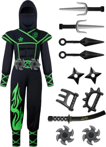 Vista 3 de Spooktacular Creations Disfraz de ninja para niños, conjunto de lujo de Ninja muscular, disfraz unisex de Kungfu de Halloween con accesorios de Verde