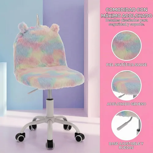 Vista 4 de Silla Linda y Peluda para Niños, Silla Divertida y Giratoria para Escritorio de Estudio, Silla de Tocador Colorida para Niñas, Silla Giratoria