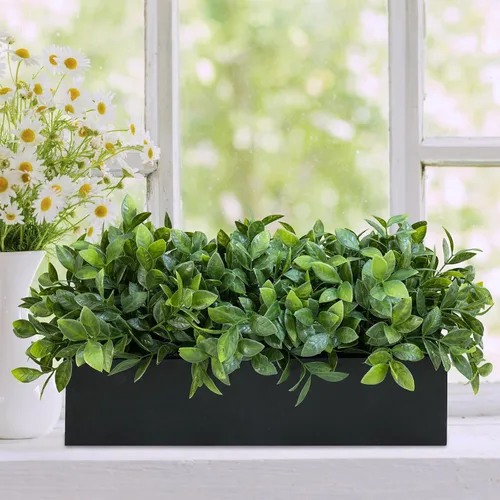 Vista 7 de Winlyn Planta de boj artificial de 14 pulgadas, arreglo de vegetación de boj sintético en negro, maceta rectangular de madera en maceta, planta