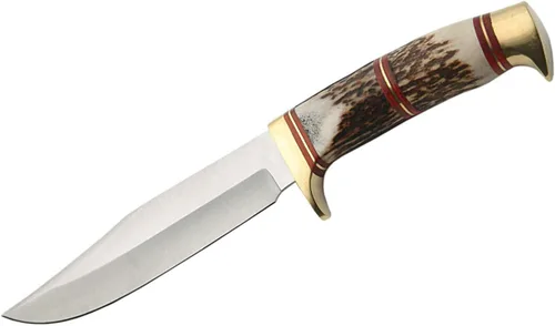 Vista 2 de SCO Supplies - Cuchillo de caza de lobo de acero de 9.75 pulgadas con mango de ciervo auténtico, hoja de acero inoxidable, protector de latón