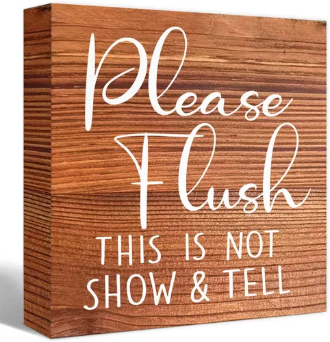 Vista 8 de Divertido letrero de madera negra – Please Flush, Not Show and Tell – Letrero de bloque de madera para inodoro, baño, hogar, mesa, decoración