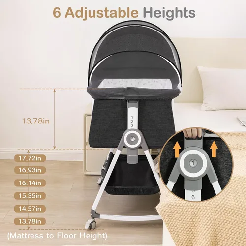Vista 4 de Cuna para bebé, moisés junto a la cama, cuna de 4 en 1 con ruedas con cerradura, mosquitera, cuna portátil plegable ajustable para recién nacido
