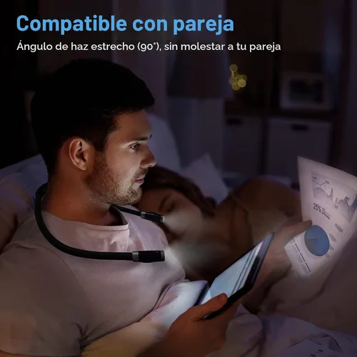 Vista 2 de Vekkia Luz LED recargable para libros de cuello para leer en la cama Negro1