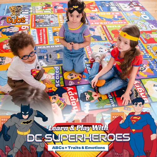 Vista 4 de DC Super Friends - Alfombra educativa para niños, alfabeto, emociones y rasgos de héroe ABC, alfombra de aprendizaje de habilidades sociales