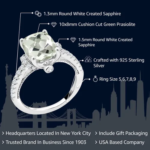 Vista 2 de Gem Stone King Anillo de plata de ley 925 con prasiolita verde y zafiro blanco para mujer