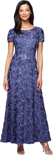 Vista 5 de Alex Evenings Women's Long Rosette Mother of The Bride Dress with Short Sleeves Bígaro cepillado