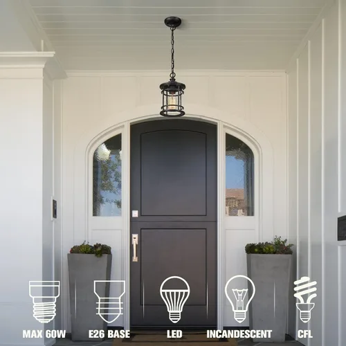 Vista 5 de Emliviar Lámpara colgante moderna para exteriores - Luz colgante para porche con pantalla de vidrio semillado en acabado negro, XE229H-S BK
