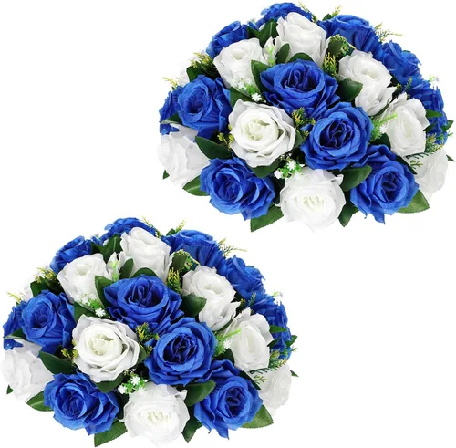 Vista 11 de Briful Bolas de flores artificiales para centros de mesa, 2 piezas de 8.6 pulgadas, arreglo floral de rosas de seda con base de plástico, ramo Azul