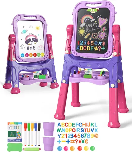 Vista 10 de Lehoo Castle Caballete para niños, caballete de arte para niños 4 en 1 de doble cara con pizarra blanca magnética y pizarra de tiza, caballete