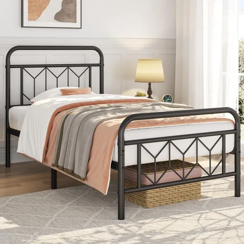 Vista 3 de Yaheetech Armazón de Cama de Plataforma Metálica Base de Colchón con Cabecero/Pie de Cama con Patrón de Diamante/Soporte de Listones de Acero