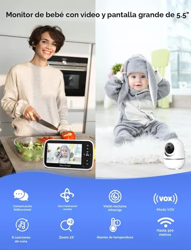 Vista 2 de GoodBaby Monitor de bebé de 5 pulgadas con cámara y audio, sin WiFi seguro FHSS, batería de 30 horas, PTZ remoto, visión nocturna automática