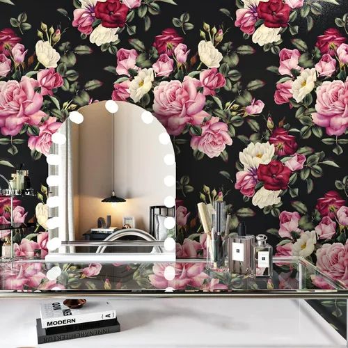 Vista 4 de Wallercity Papel Tapiz Floral Vintage Despegar y Pegar Papel Tapiz de Rosa Peonía Gabinetes Mesa Superior Papeles Tapiz Impermeable Removible