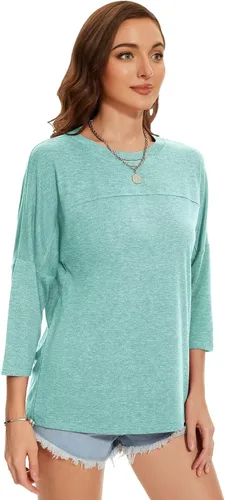 Vista 102 de ZENNILO Camisetas casuales de manga 3/4 para mujer, holgadas, cuello redondo, lindas camisetas básicas