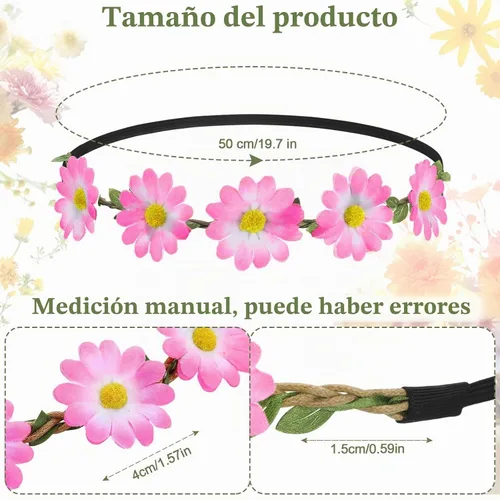 Vista 2 de Bememo - 12 diademas de flores de margarita, corona floral hippie Brillante