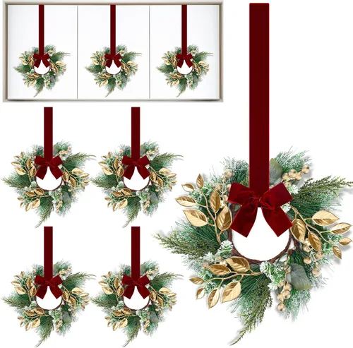 Vista 7 de Lyrow 8 piezas 20 cm Mini coronas de Navidad para gabinete de cocina con lazo de cinta, hojas artificiales, bayas, coronas colgantes para decoración